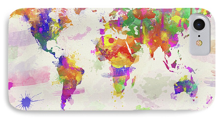 Map iPhone 8 Case featuring the digital art Colorful Watercolor World Map by Zaira Dzhaubaeva