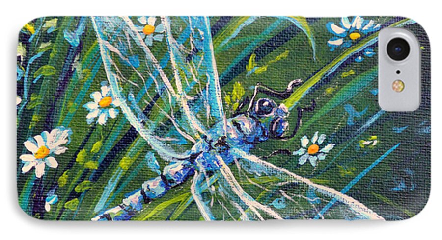 Nature Insect Dragonfly Daisies Green Blue iPhone 8 Case featuring the painting Dragonfly and Daisies by Gail Butler
