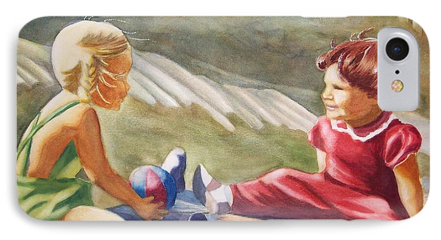 Girls iPhone 8 Case featuring the painting Girls Playing Ball by Marilyn Jacobson