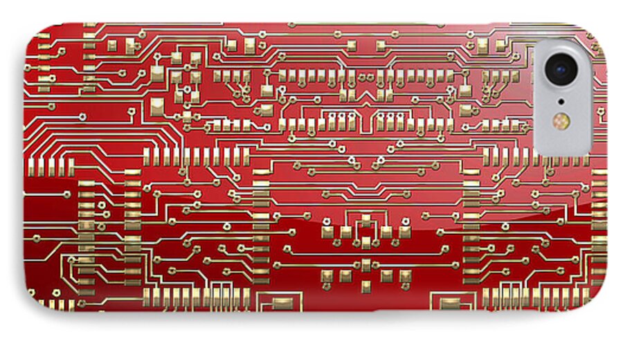 visual Art Pop By Serge Averbukh iPhone 8 Case featuring the photograph Gold Circuitry on Red by Serge Averbukh