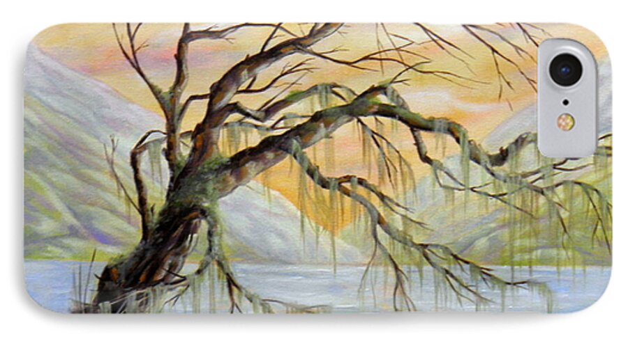 Sunset Mountains Water Beach Rocks Tree Oak Moss Inlet Orange Red Purple Green Brown Yellow White Clouds Light Shadow Dark Driftwood Grey Branches iPhone 8 Case featuring the painting Halfway To Heaven by Ida Eriksen