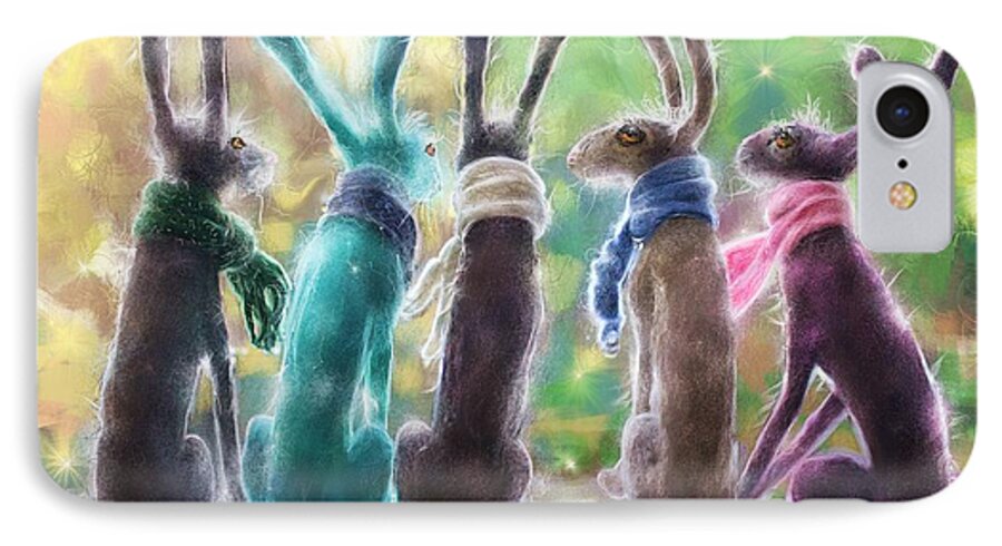 Needlefelted iPhone 8 Case featuring the digital art Hares with scarves by Debra Baldwin