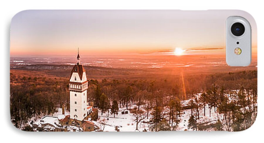 Heublein iPhone 8 Case featuring the photograph Heublein Tower in Simsbury Connecticut, Winter Sunrise Panorama by Mike Gearin