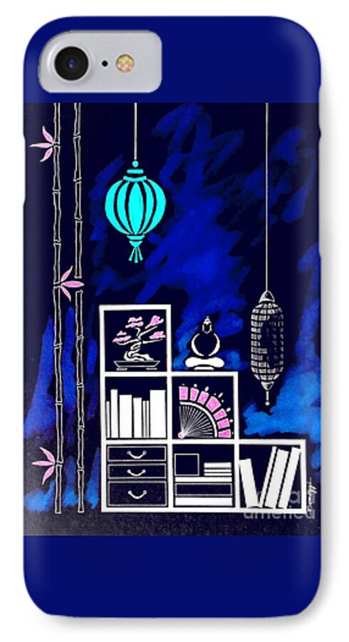 Minimalism iPhone 8 Case featuring the painting Lamps, Books, Bamboo -- Negative by Jayne Somogy