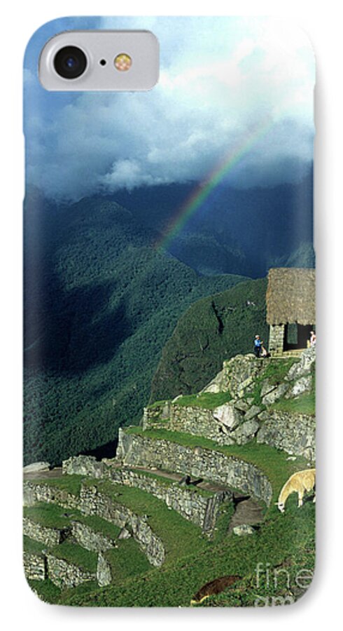Machu Picchu iPhone 8 Case featuring the photograph Llama and rainbow at Machu Picchu by James Brunker