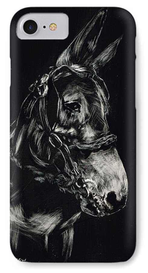 Mule iPhone 8 Case featuring the drawing Mule Polly in Black and White by Andrew Gillette