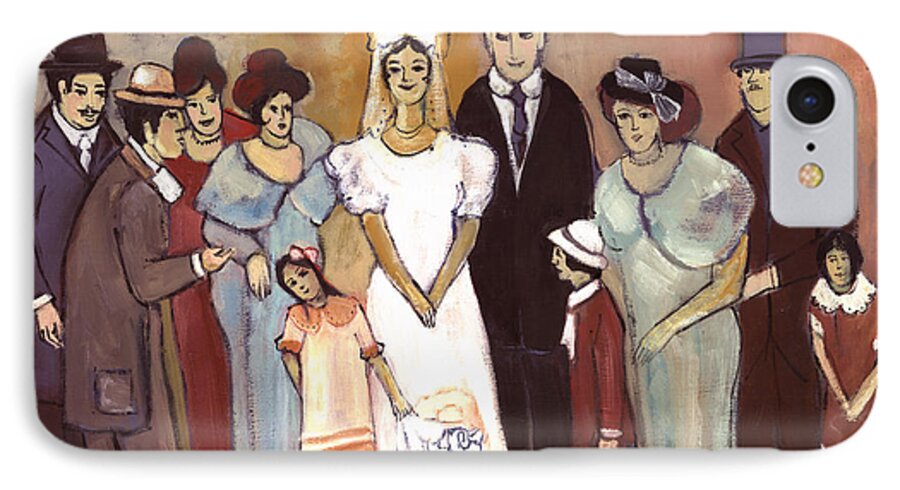 Naive iPhone 8 Case featuring the painting Naive wedding large family white bride black groom red women girls brown men with hats and flowers by Rachel Hershkovitz
