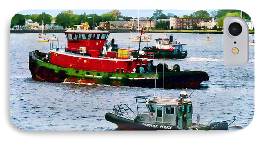 Boat iPhone 8 Case featuring the photograph Norfolk VA - Police Boat and Two Tugboats by Susan Savad