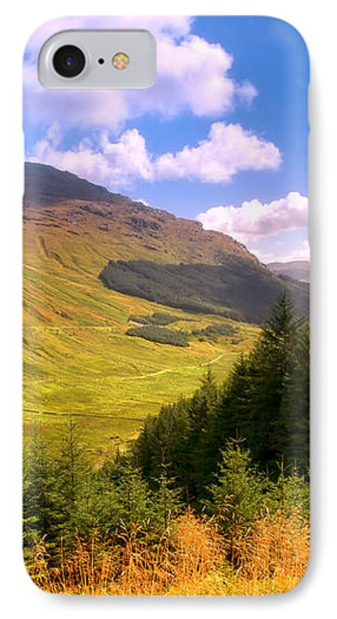 Scotland; Mountains; Rest And Be Thankful; Nature; Landscape; Bright Light; Light; Sun; Sunny; Warm Weather; Sky; Clouds; Scenery; Forest; Trees; Tranquility; Grass; Autumn; Summer; Beauty; Beautiful Nature; Fine Weather; Colorful; Colors; Shadow; Fine Art; Fine Art Photography; Artistic; Blesses iPhone 8 Case featuring the photograph Peaceful Sunny Day in Mountains. Rest and Be Thankful. Scotland by Jenny Rainbow