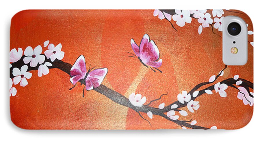 Pink iPhone 8 Case featuring the painting Pink Butterflies and Cherry Blossom by Julia Underwood