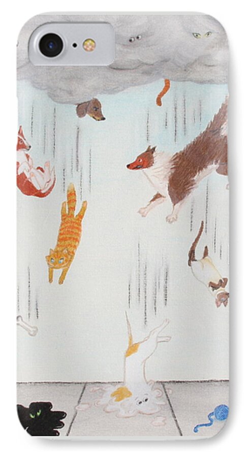 Dog iPhone 8 Case featuring the drawing Raining Cats and Dogs by Michelle Miron-Rebbe