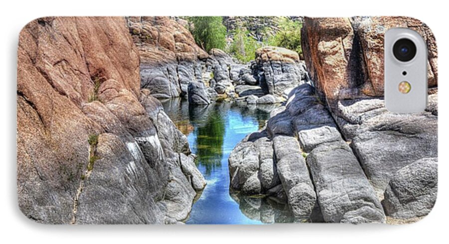 Nature Reflections Water Trees Weeds Bushes Boulders Rocks Beauty Landscape Outdoors Southwest Prescott Northern Arizona Color Red Green Blue Sky Mountains Hdr iPhone 8 Case featuring the photograph Reflections Within the Dells by Thomas Todd