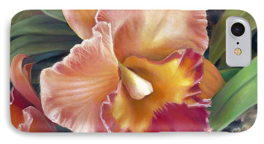 Cattleya iPhone 8 Case featuring the painting Ruffled Peach Cattleya Orchid by Nancy Tilles