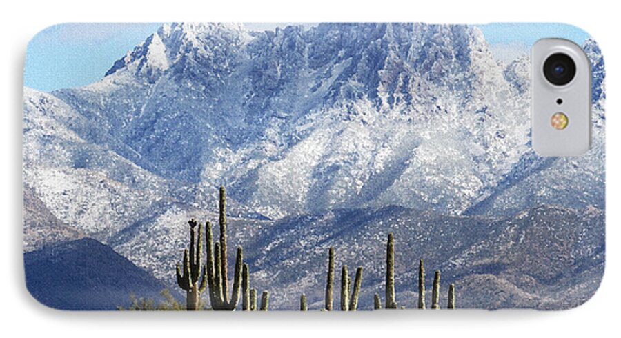 Saguaros At Four Peaks With Snow iPhone 8 Case featuring the photograph Saguaros At Four Peaks With Snow by Tom Janca