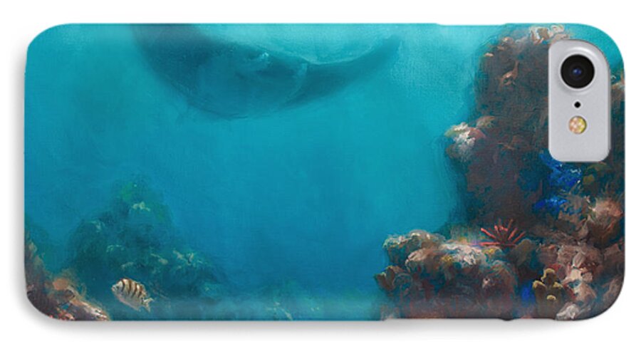 Reef iPhone 8 Case featuring the painting Serenity - Hawaiian Underwater Reef and Manta Ray by K Whitworth