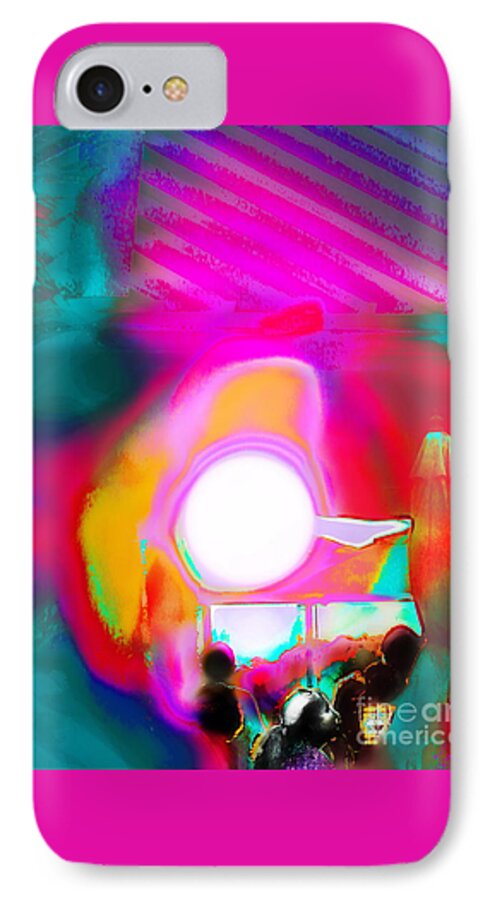  The Last Rays Of The White Hot Sun Descend And Are Caught Inside A Building Overlooking The Water Were Many Are There To Celebrate Days End .the Colors Generated Are Extreme.in The Presence Of The Setting Sun Are People iPhone 8 Case featuring the photograph Sol Voyers by Priscilla Batzell Expressionist Art Studio Gallery