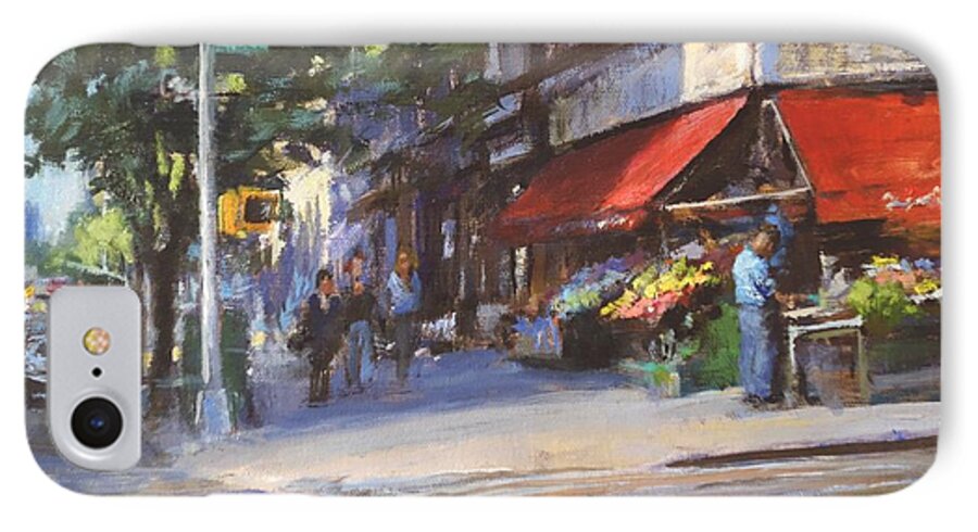 Landscape iPhone 8 Case featuring the painting Streetscape with Red Awning - 82nd Street Market by Peter Salwen