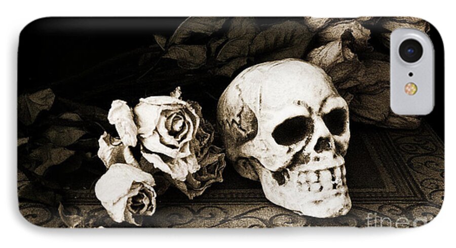 Skeleton Art iPhone 8 Case featuring the photograph Surreal Gothic Dark Sepia Roses and Skull by Kathy Fornal