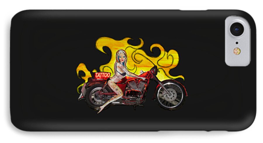 Pop Art Style Pretty Pinup Bikini Biker Girl With Tattoos Of Playing Card Symbols iPhone 8 Case featuring the photograph Tattoo pinup girl on her motorcycle by Tom Conway