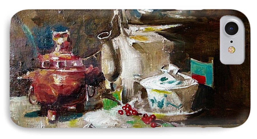 Tea Pot iPhone 8 Case featuring the painting Tea time by Khalid Saeed