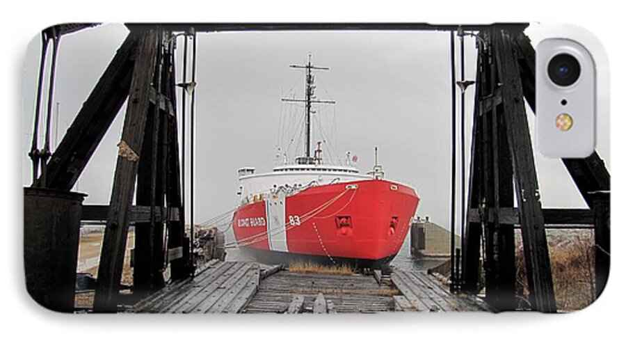 Mackinaw iPhone 8 Case featuring the photograph USCGC Mackinaw framed by railroad elevator by Keith Stokes