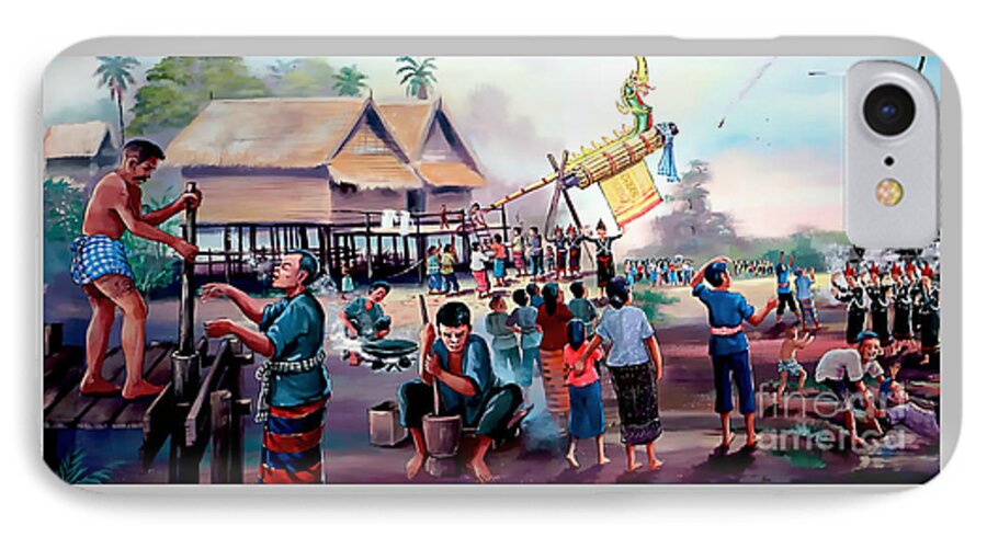 Thailand iPhone 8 Case featuring the painting Village Rocket Festival-Vintage Painting by Ian Gledhill