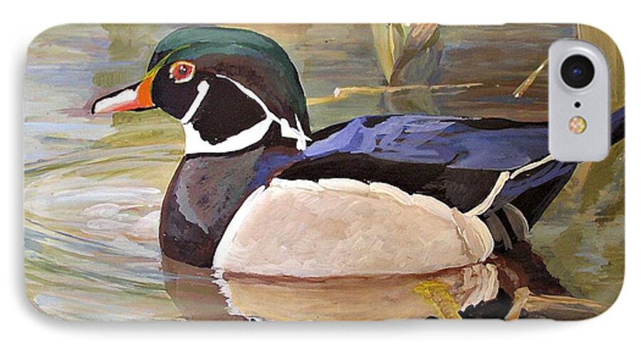 Landscape iPhone 8 Case featuring the painting Wood Duck on Pond by Laurie Rohner