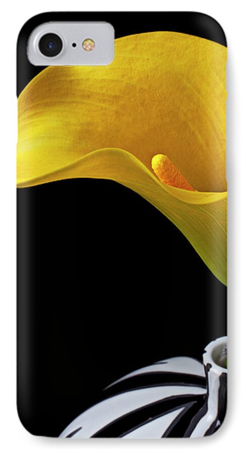 Yellow Calla Lily Black White Vase iPhone 8 Case featuring the photograph Yellow calla lily in black and white vase by Garry Gay