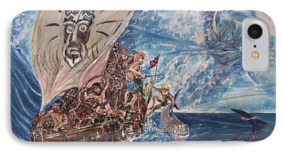 Kon Tiki iPhone 8 Case featuring the painting Friggin In The Riggin - Kon Tiki Expedition by Jonathan Morrill