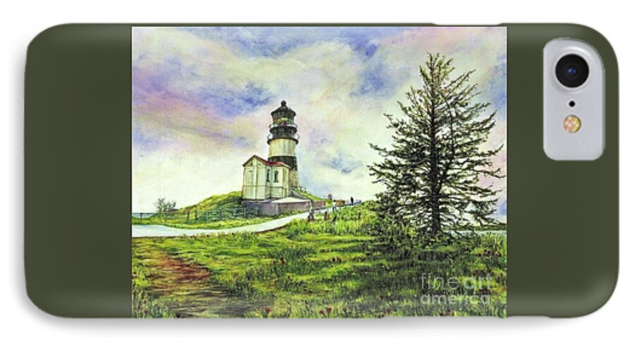 Cynthia Pride Watercolor Paintings iPhone 8 Case featuring the painting Cape Disappointment Lighthouse on the Washington Coast by Cynthia Pride