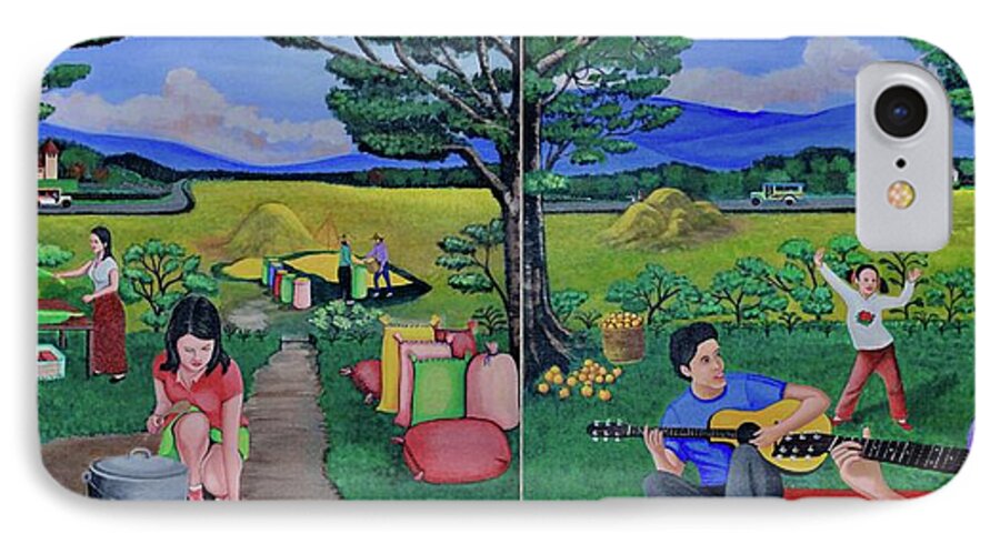 All Products iPhone 8 Case featuring the painting Picnic with the Farmers and Playing Melodies under the Shade of Trees by Lorna Maza