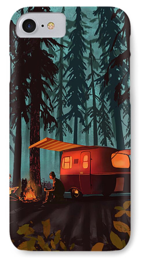 Camper In The Woods iPhone 8 Case featuring the painting Twilight Camping by Sassan Filsoof