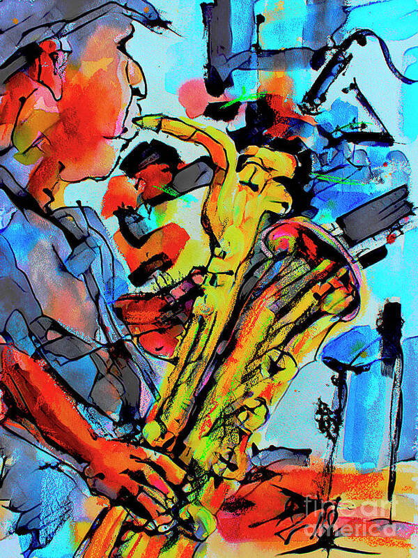 Music Art Poster featuring the mixed media Baritone Sax Player Modern Music Art by Ginette Callaway