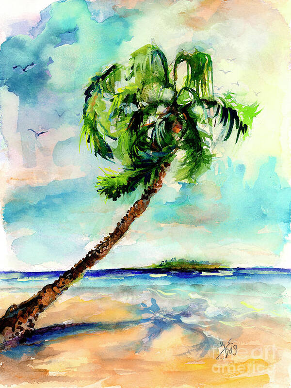 Palm Trees Poster featuring the painting Palm Tree and Beach Watercolor by Ginette Callaway
