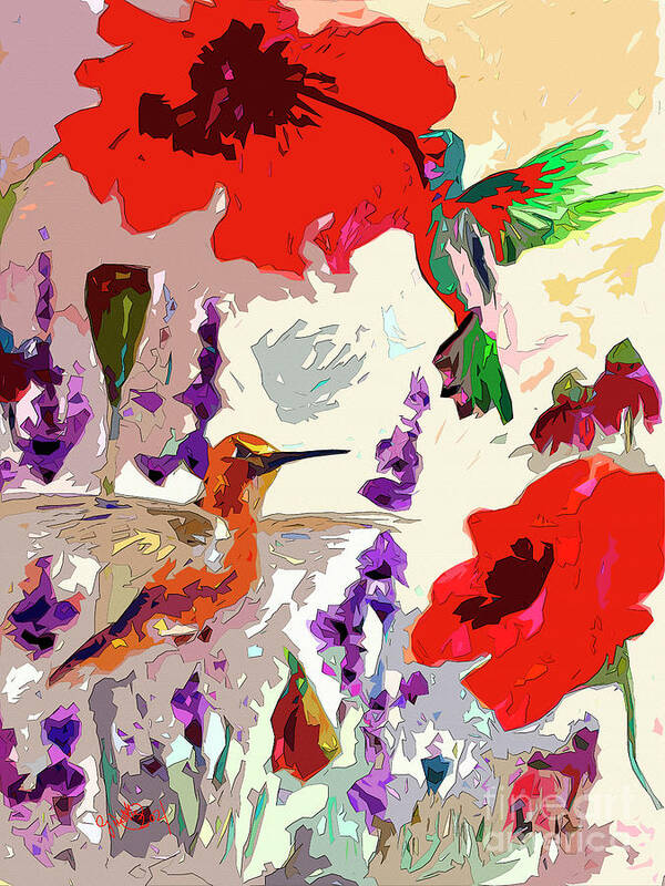 Hummingbirds Poster featuring the mixed media Modern Abstract Hummingbirds and Poppies by Ginette Callaway