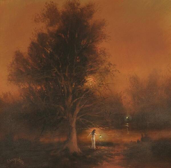 Twilight; Moody Landscape; Woman With Lantern; Tom Shropshire Painting; Atmospheric Landscape Poster featuring the painting Assignation by Tom Shropshire