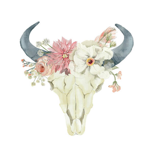 Bull Poster featuring the digital art Boho Bull Skull Watercolor Floral Anemone Tribal Decor by Pink Forest Cafe