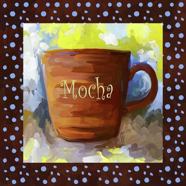 Coffee Poster featuring the painting Mocha Coffee Cup With Blue Dots by Jai Johnson