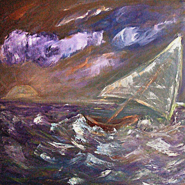 Katt Yanda Original Art Landscape Oil Painting Canvas Purple Sea Ocean Storm Waves Tipping Sailboat Dusk Sunset Poster featuring the painting Purple Sea Storm by Katt Yanda
