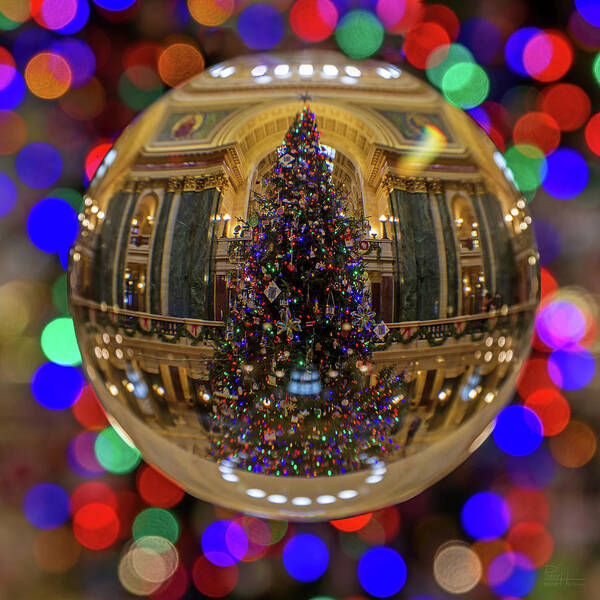 Christmas Tree Glass Sphere Crystal Decorations Lights Colors Wi Wisconsin State Capitol Rotunda Abstract Square Red Green Blue Holiday Yule Pillow Poster featuring the photograph Crystal Christmas Tree - WI State Capitol Christmas Tree through Glass Globe by Peter Herman