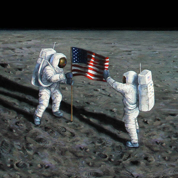 Astronauts Poster featuring the mixed media Deploying The Flag by Lucy West