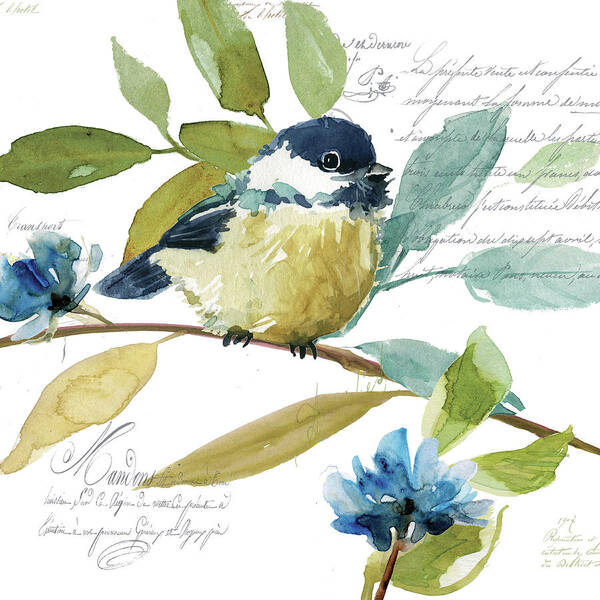 Blue Indigo Teal Green Yellow Watercolor Chickadee And Leaves Poster featuring the painting Garden Sketchbook Chickadee by Carol Robinson