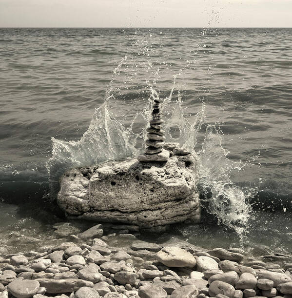 Cairn Poster featuring the photograph Resist - a cairn upon rock resisting waves of Lake Michigan at Door County by Peter Herman