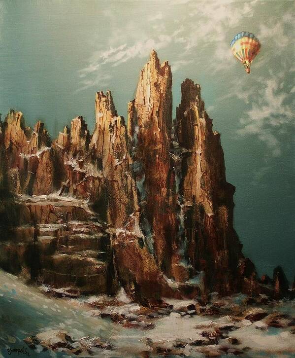 Hot Air Balloons Poster featuring the painting Above the Dragons Teeth #1 by Tom Shropshire
