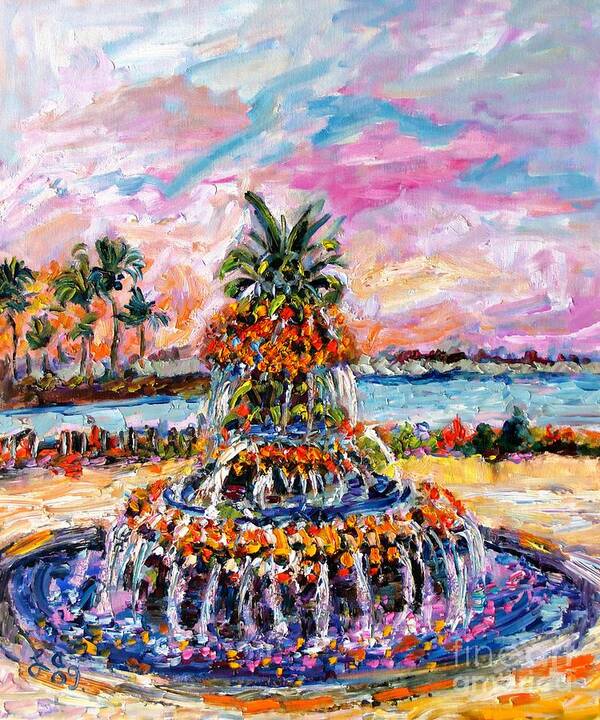 Charleston Poster featuring the painting Charleston Pineapple Fountain SC by Ginette Callaway
