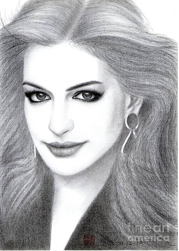 Greeting Cards Poster featuring the drawing Anne Hathaway #1 by Eliza Lo