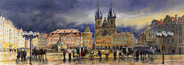 Watercolor Poster featuring the painting Prague Old Town Squere After rain by Yuriy Shevchuk