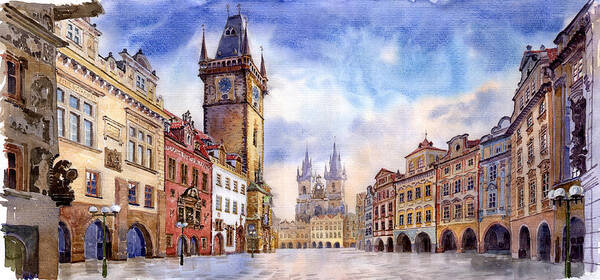 Watercolour Poster featuring the painting Prague Old Town Square by Yuriy Shevchuk