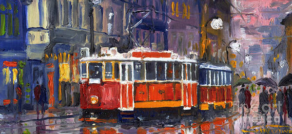 Oil Poster featuring the painting Prague Old Tram 09 by Yuriy Shevchuk