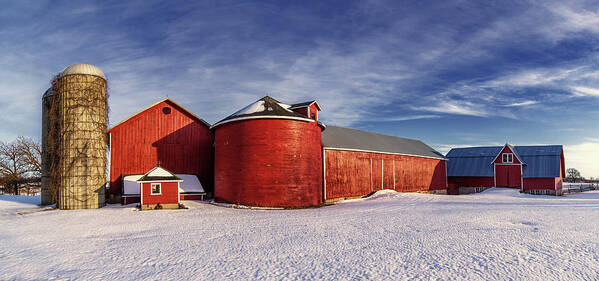 Red Poster featuring the photograph Seeing Red -  Red buildings and round wood silo at Lake Mills WI by Peter Herman